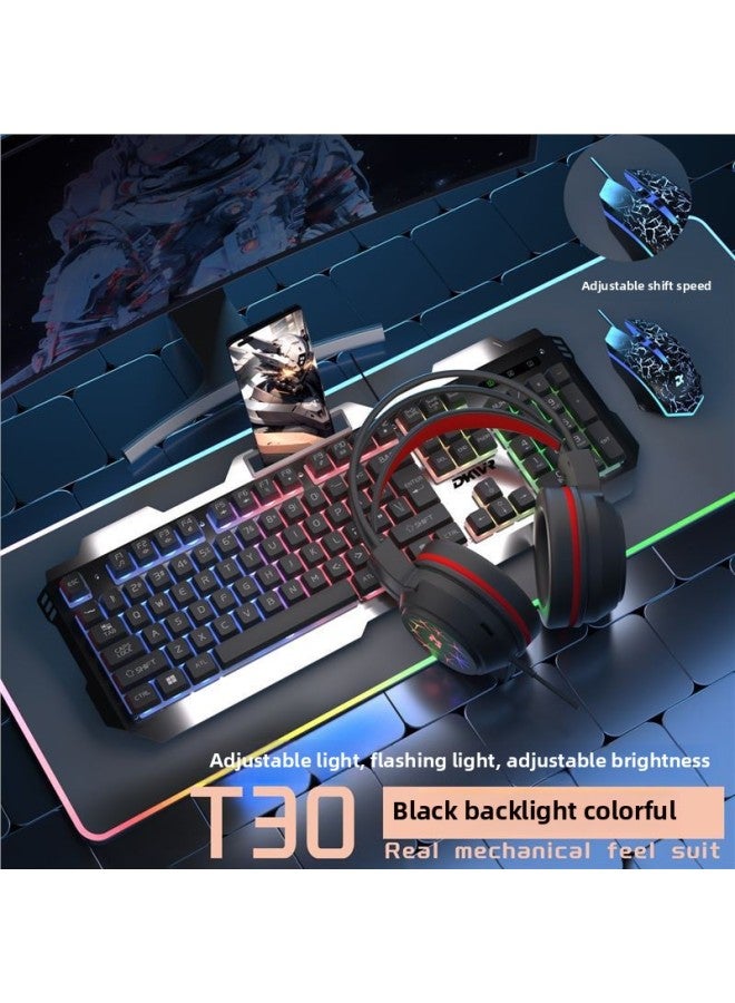 Mechanical Feel Wired Keyboard Mouse Headset Three-piece E-sports Game Book Computer Universal Keyboard Mouse Suit Office-Color:Metal Black Colored Light + Mouse And Headphones Included (800*300 Table Mat)